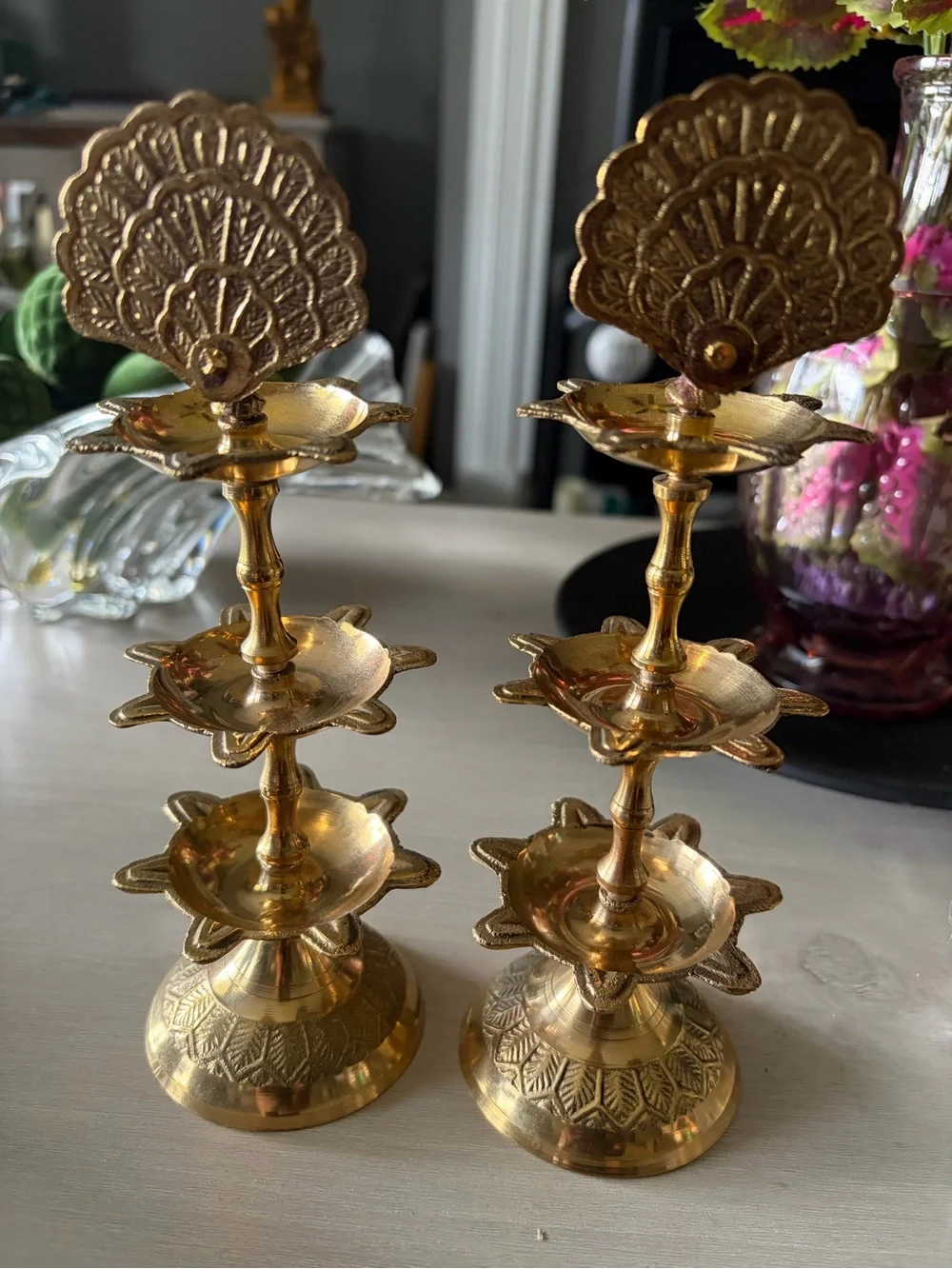 Brass Tiered Diya Candle Holders - Gold Finish Pair